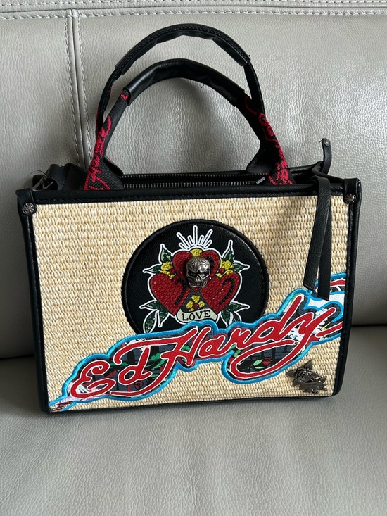 Ed Hardy Handbags - Ed Hardy Straw Tote Bag Hearts Skull Tattoo Y2K Summer Beach Shoulder Purse